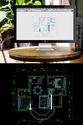 两室两厅户型图海报模板_CAD180度超视野房型设计