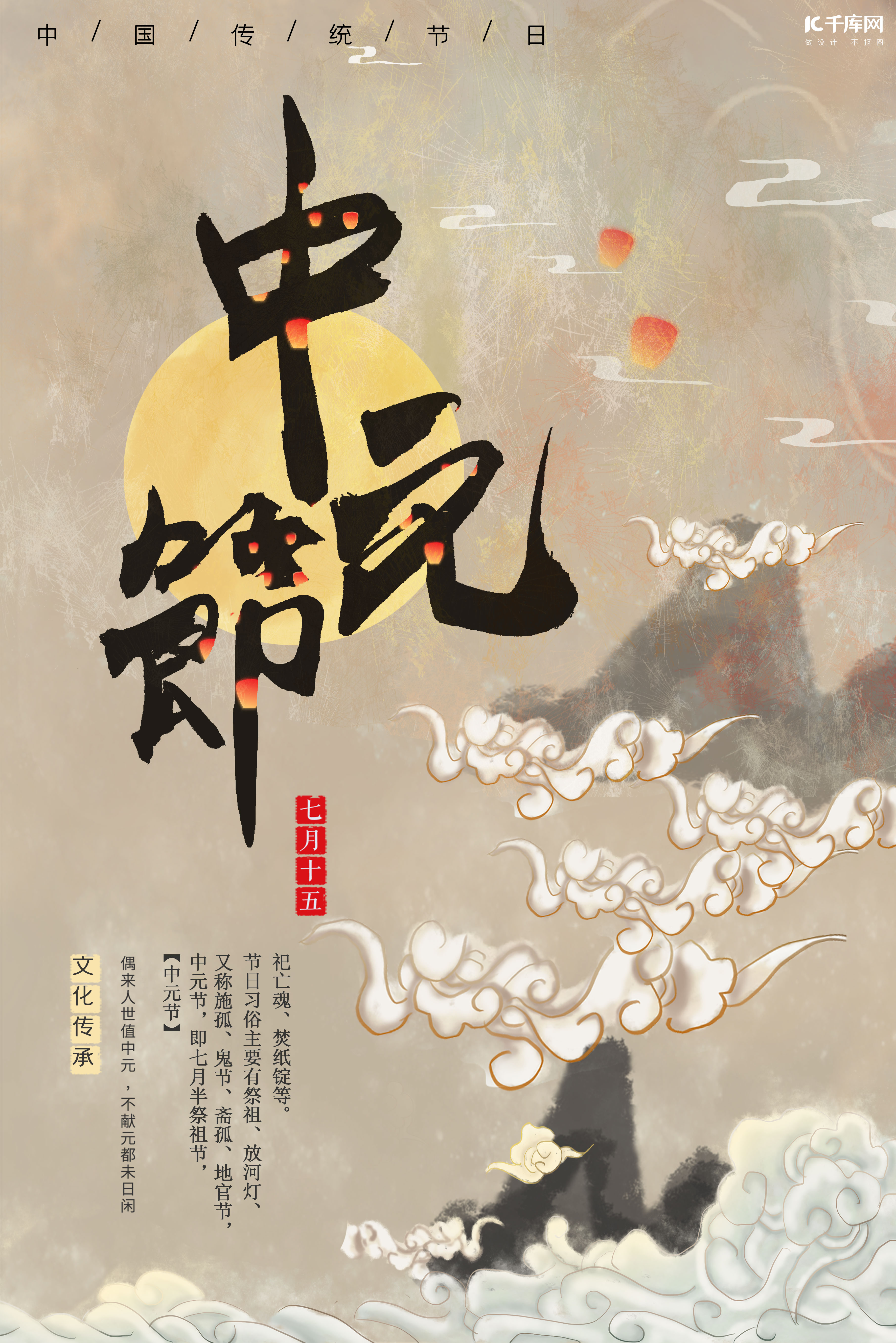 中国风中元节天灯祭祀祈福宣传海报图片