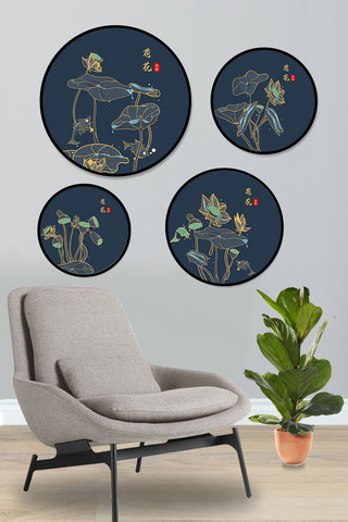 新中式客厅背景海报模板_创意新中式荷花圆形装饰画