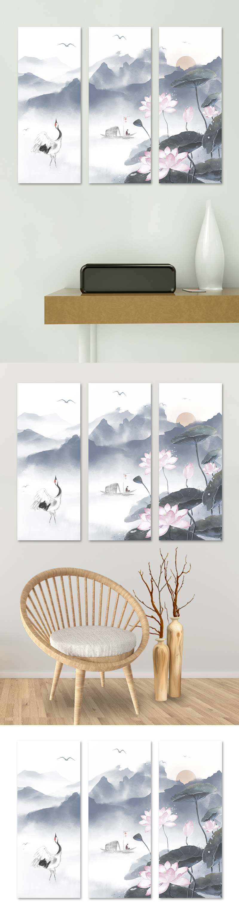 文化墙海报模板_中国风古风淡雅高尚水墨夏季荷塘水墨山装饰画
