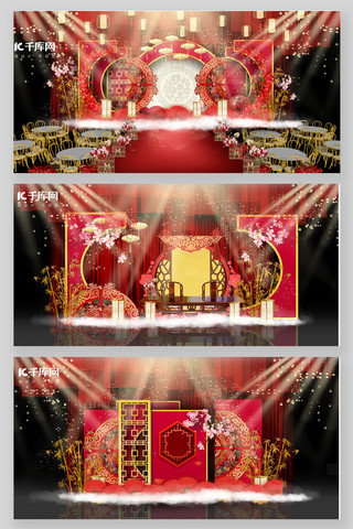 婚庆背景舞台海报模板_古典红色中式婚礼效果图