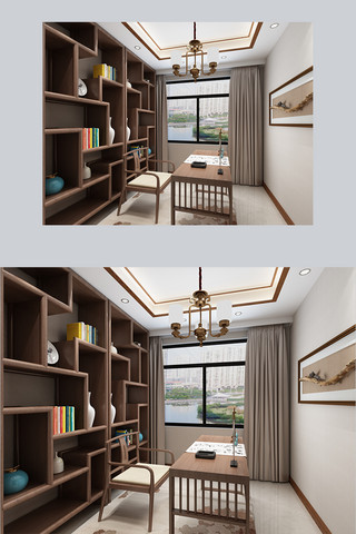 空间装修海报模板_新中式书房小居室空间
