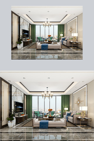 中式客厅效果图海报模板_新中式客厅轻奢时尚