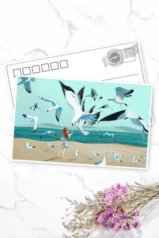 蓝天沙滩海边海报模板_海边女孩海鸥明信片