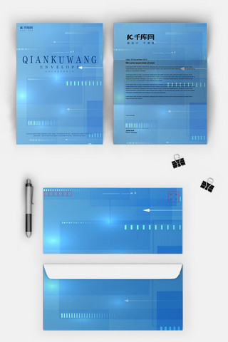 简约蓝色几何线条信封信纸模板