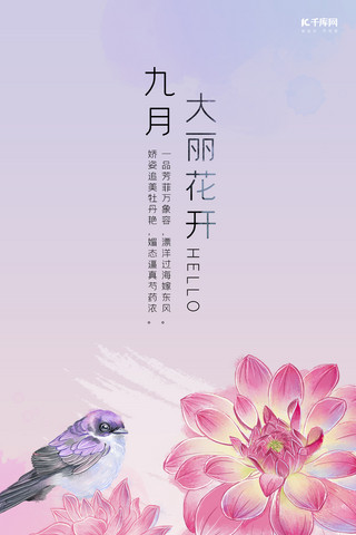 九月你好粉紫色手绘风十二花信之九月大丽花手机海报