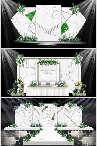 婚礼效果图海报模板_大理石背景墙婚礼白色唯美浪漫装修效果图