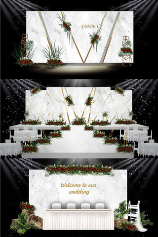 婚庆舞台效果图海报模板_大理石纹背景墙婚礼白色创意装修效果图