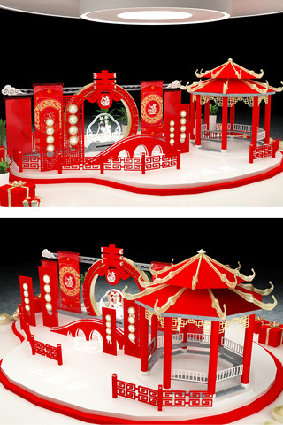 立体模型美陈海报模板_新年美陈春节促销红色中国风3D美陈