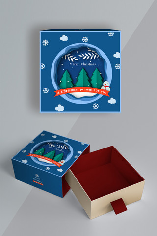 礼盒剪纸海报模板_圣诞包装圣诞树蓝色剪纸风包装盒