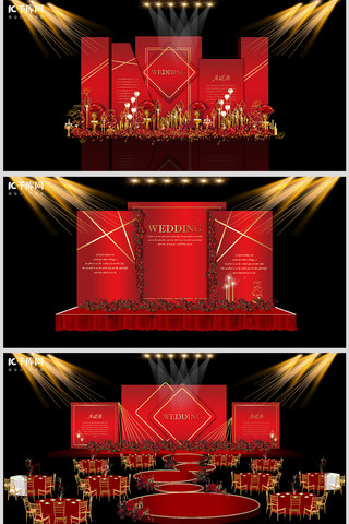 红色室内效果图海报模板_古典喜庆婚礼婚宴红色中国风装修效果图