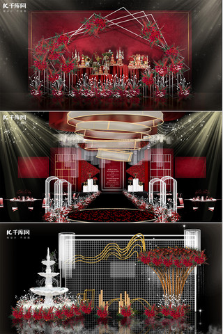 婚礼红色效果图海报模板_中式婚礼效果婚宴红色古典装修效果图