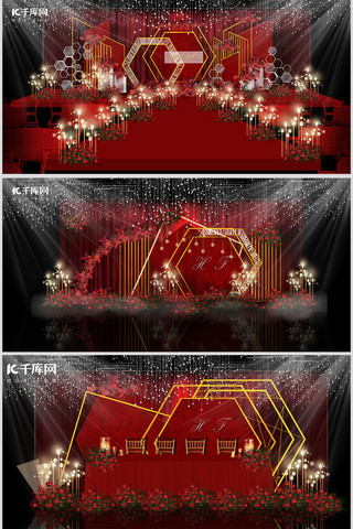 红色婚庆舞台背景海报模板_中式喜庆婚礼效果婚庆红色中国风装修效果图