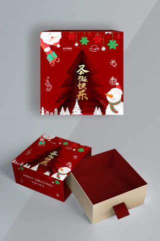 剪纸礼盒海报模板_圣诞快乐圣诞老人红色剪纸风包装设计