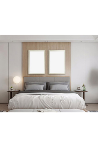 床背景海报模板_卧室墙上画框模板装饰效果灰色墙创意简洁样机