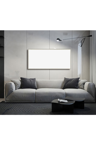 简洁风格、海报模板_室内客厅墙上画框模板装饰效果展示灰色墙简洁风格样机