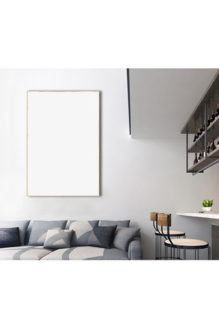 客厅设计装饰效果海报模板_室内客厅墙上画框模板装饰效果灰色墙简洁风格样机