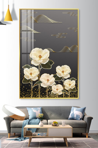 祥云山水纹海报模板_新中式金色黑色中国风装饰画