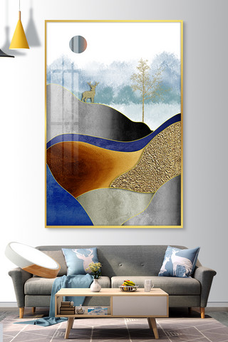 鹿晶瓷画海报模板_新中式抽象山脉与鹿水墨灰蓝金现代风装饰挂画