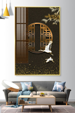 中式复古装饰画海报模板_新中式松树 仙鹤 帘子 窗户黑色中国风装饰画