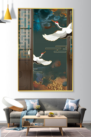 帘子海报模板_新中式仙鹤绿色中国风装饰画