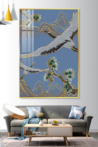 仙鹤抽象海报模板_珐琅彩仙鹤 松树蓝色新中式装饰画