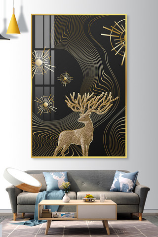 金属抽象线条海报模板_新中式麋鹿黑金抽象装饰画