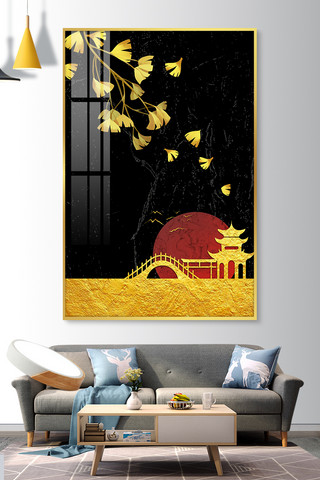 金箔风海报模板_新中式古建筑黄色 黑色中国风装饰画