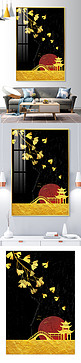 新中式古建筑黄色 黑色中国风装饰画
