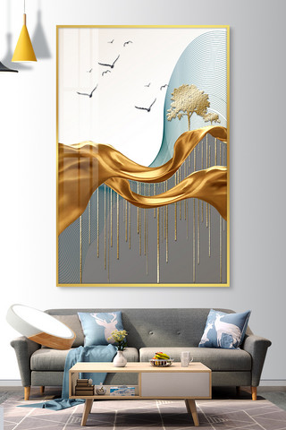中国风鎏金山水海报模板_新中式丝带金色简约装饰画