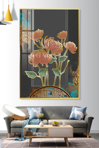 水彩花纹边框海报模板_新中式菊花黑色中国风装饰画