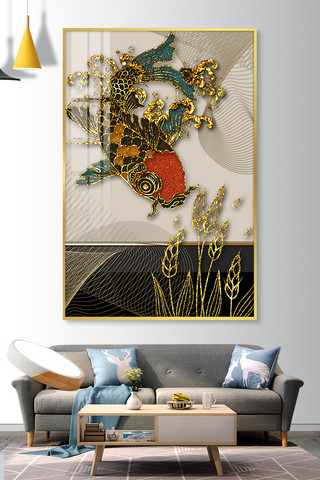 红鲤鱼线稿海报模板_珐琅彩鲤鱼 麦穗金色新中式装饰画