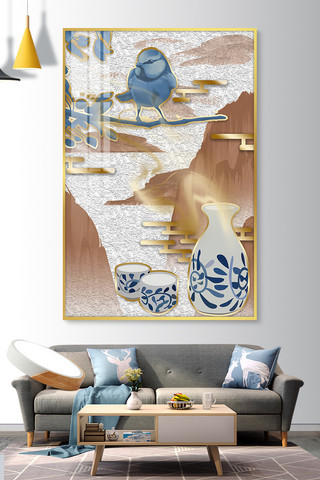 山水青花瓷海报模板_新中式山水蓝色中国风装饰画