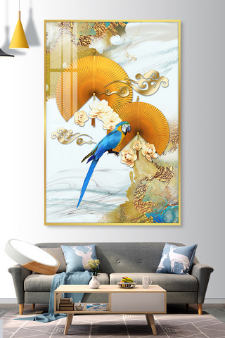 新中式鹦鹉 花鸟金色复古装饰画