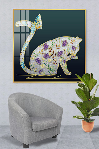 晶彩海报模板_清新珐琅彩猫咪花卉白紫黄绿蓝现代风装饰晶瓷画