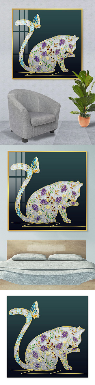 清新珐琅彩猫咪花卉白紫黄绿蓝现代风装饰晶瓷画