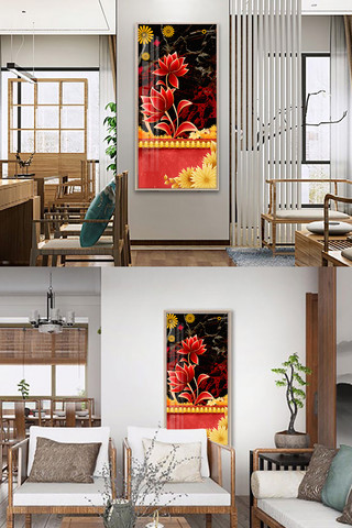 红色房檐海报模板_新中式宫廷鲜花红色中国风装饰画