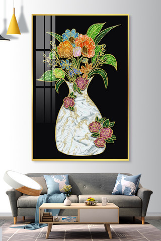 多彩抽象海报模板_多彩晶瓷画花卉花瓶植物多彩暖色现代风珐琅画