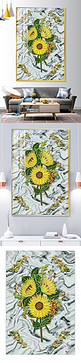 晶瓷画理石背景向日葵花束黄绿色现代风珐琅装饰画