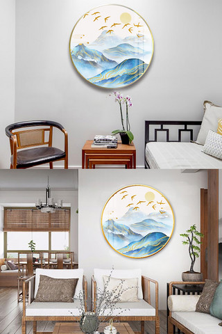 中式圆形装饰画海报模板_山水中式山水画太阳金色蓝色新中式古典装饰画