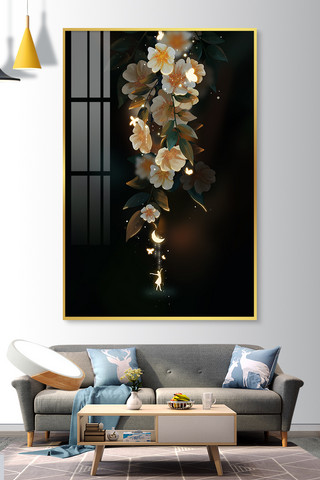 玻璃风格海报模板_室内墙上花朵装饰画黑色背景创意风格装修效果图