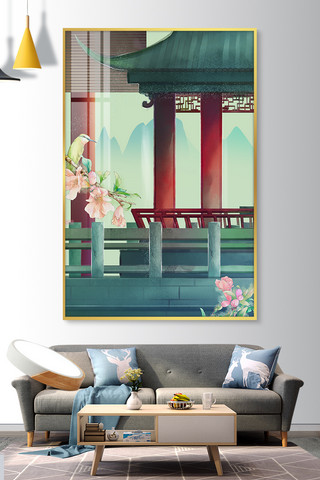 鸟水墨画海报模板_室内墙上宫苑装饰画绿色中国风装修效果图