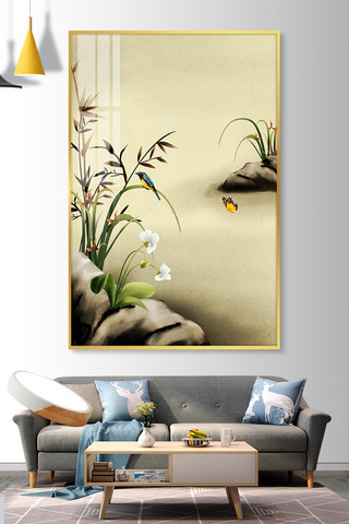 鸟水墨画海报模板_室内墙上风景装饰画黑色中国风风格装修效果图