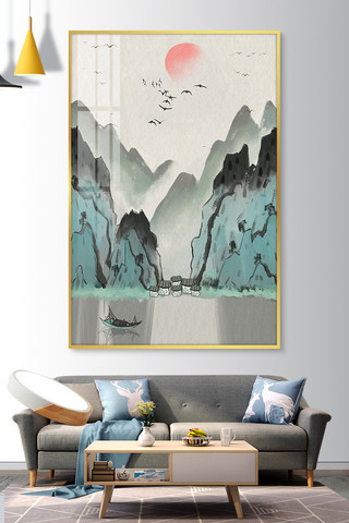 玻璃风格海报模板_室内墙上山川河流装饰画黑色水墨风格装修效果图