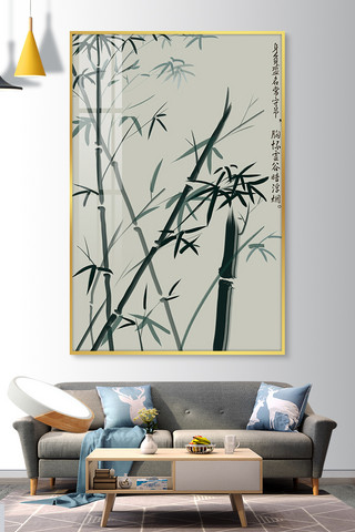 竹子水墨海报模板_室内墙上竹子装饰画黑色水墨风格装修效果图