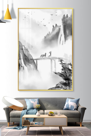 抽象山水风景海报模板_室内墙上装饰山水风景装饰画黑色中国风装修效果图