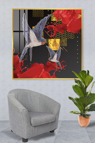 潮动物海报模板_新中式燕子红色珐琅彩装饰画