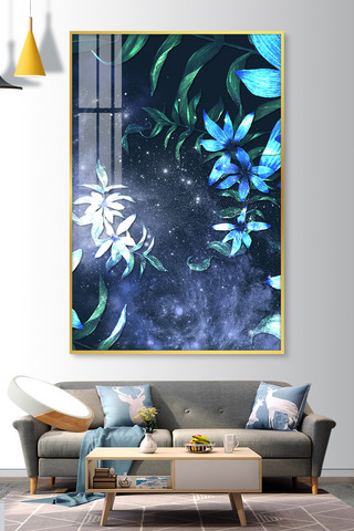 植物装饰画海报模板_现代兰花蓝色手绘装饰画
