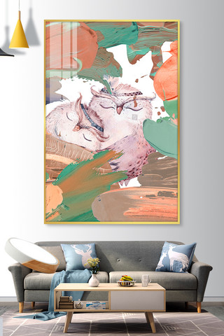 现代复古海报模板_现代猫头鹰橘色水彩装饰画