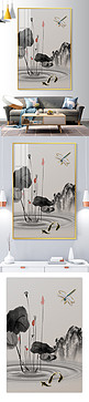 中国风荷花 蜻蜓灰色水墨装饰画